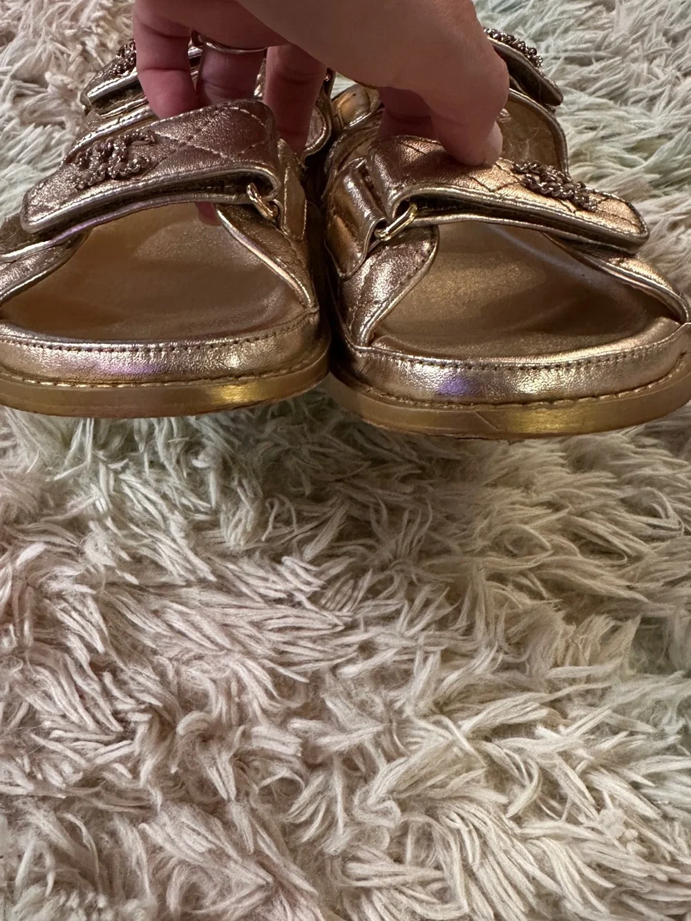 Chanel Iridescent Lambskin Quilted Velcro Dad Sandals in Light Bronze Size 40